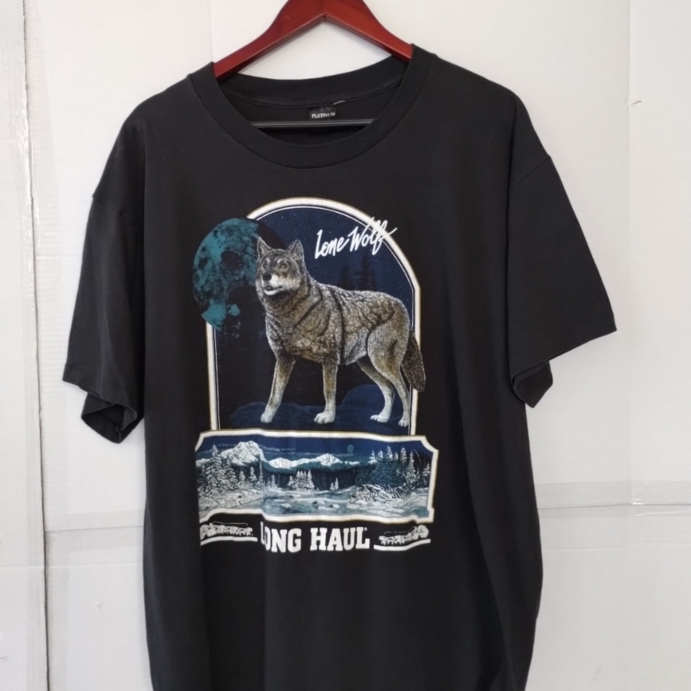 Black Graphic Lone Wolf Long Haul Black T-shirt SZ XXL Single Stitch Streetwear